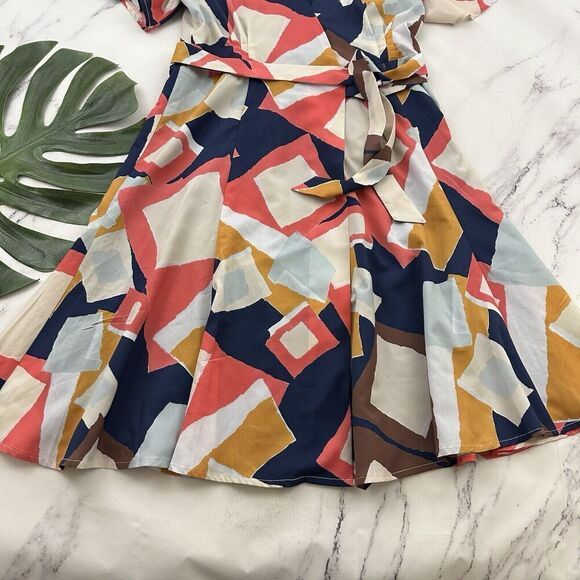 Hutch Flutter Sleeve Wrap Dress Size M Blue Pink Geometric Print Tie Fit Flare - Picture 4 of 10